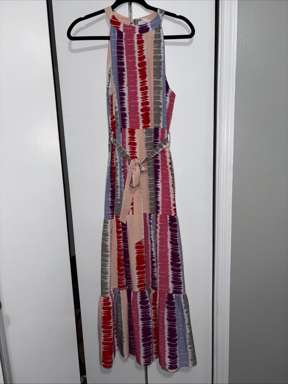 THML Halter Maxi Dress Tie Dye Striped Multicolor Tiered Belt Boho Medium